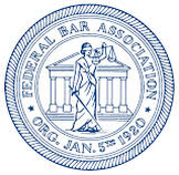 Badge for Federal Bar Association – Blue on white round seal, with outside edge in a rope design sandwiched between dark blue inner and outer rings, inside the rope border are two sets of double pale blue lines making another inner ring, and the top arc of that ring has white letters outlined in blue all capped “FEDERAL BAR ASSOCIATION”, and the bottom arc has “ORG. JAN. 5TH 1920”, and dividing the words on the top and bottom arc are two small blue stars – one on the left and one on the right), in the middle of the seal is a blue and white sketch of Lady Justice in her Greek gown, with a blind fold on, holding the scale of just up in the air with her left hand and holding a sword pointed at the ground in her right hand and behind her is a Greek-style building of 5 columns with a base and a roof