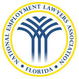 Florida NELA logo of a white, yellow and blue seal, with a yellow outer circle and a yellow inner circle sandwiching blue letters on white background all capped in the top arc “NATIONAL EMPLOMENT LAWYERS ASSOCIATION” and the bottom in the lower arc “FLORIDA” with two blue dots dividing the top and bottom writing, one on the lower left and one on the lower right, and in the middle of the seal is a blue abstract design of three palm trees side by side with their branches overlapping