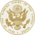 Badge for Seal of the Supreme Court of the United States - white with gold lettering and imagery in a round seal, there is a dark gold outer ring, and a narrow inner ring, and going all the way around the inside of ring start at the bottom are the gold letters in all caps “SEAL OF THE SUPREME COURT OF THE UNITED STATES” follow by a gold dot at the very bottom center dividing the words “SEAL” and “STATES”, and in the middle in gold is the coat of arms of the United States, which is an eagle with wings and feet outspread, and a shield covering its chest and the shield has a pale gold top and six vertical gold stripes, in its left talon the eagle holds a bundle of 13 arrows and in its right talon an olive branch, and the eagle has its head turned towards the olive branch, on its right side, In its beak, the eagle clutches a scroll with the motto E pluribus unum and on top of its head there appears a round mini seal with an uneven border and in the middle are 13 gold stars arranged in rows of 1-4-3-4-1, forming a six-pointed star