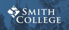 Badge for Smith College - Medium blue rectangle with black shadows of portion of school campus as a watermark, in the middle of the rectangle, 1st line a white diamond with the letters “S” and “C” interlinked in blue and to the right of that in white letters all capped the word “SMITH” and the 2nd line centered under Smith in white letters all capped the word “COLLEGE”