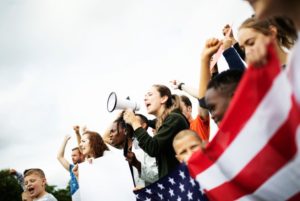 Picture of American freedom of speech people with flag