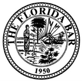 The Florida Bar seal badge in black and white, which is a white rectangle with a black border and centered inside is the seal which is a thick round black circle, and the inside edge is a ring of black dots, next inside edge is a thin solid black line, then in black letters all capped arched on the top is “THE FLORIDA BAR” and at the bottom of that circle in black letters is “1950”, next inside edge is another solid thin black line and inside that circle is a picture of shoreline on which a Seminole woman is spreading hibiscus flowers. Two Sabal palms are growing, while in the background a steamboat sails before a sun breaking over the horizon, with rays of sunlight extending into the sky