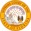 Round circle with a red dotted outer line and an inner orange yellow ring with red dotted inner line and red letters in between all capped on the top arch “SUPREME COURT OF THE” and red letters all capped on the bottom arch “STATE OF FLORIDA”, and in the middle of the circle on a cream background is an arched ribbon trimmed in red with red letters in all caps “SAT CITO SI RECTE” in the arch formed by the ribbon are 19 red/gold stars which are above a bald eagle with chest shield having a blue top and 13 red and white stripes perched on a gold half globe on the right side facing a seated Goddess of Justice in a white toga holding her scales seated on the bottom of 3 stone steps on the left side