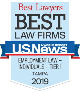 Badge for 2019 Best Lawyers Best Law Firms U.S. News & World Report Employment Law Individuals - Tier 1 Tampa