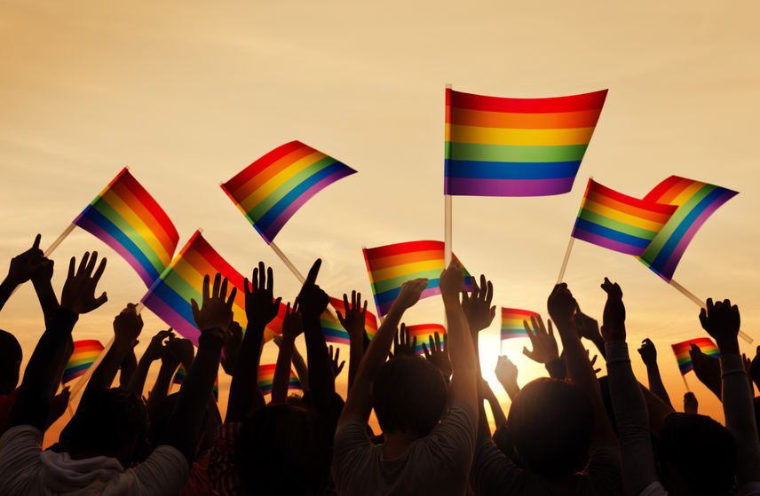 Picture of hands holding rainbow-colored flags