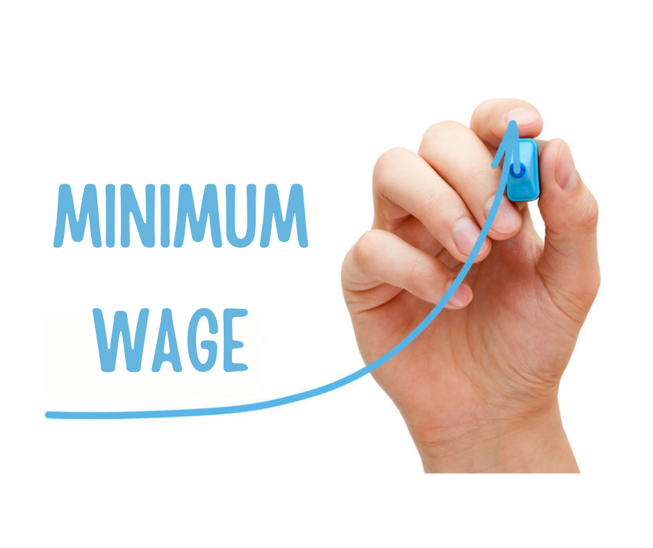 Picture of hand with blue marker drawing and line and up arrow next to "Minimum Wage"