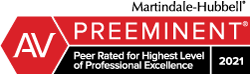 Badge for Martindale-Hubbell AV Preeminent Peer rated by Highest Level of Processional Excellence 2020