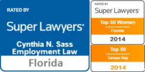 Award Badge for Cynthia Sass Rated by Super Lawyers in Employment Law Florida Top 50 Women Top 50 Tampa Bay 2014