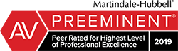 Badge for AV Preeminent  rating from Martindale-Hubbell Peer Rated for Highest Level of Professional Excellence for 2019