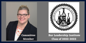 Picture of Amanda Biondolino next to logo of Hillsborough County Bar Association Member of Bar Leadership Institute class of 2022-2023