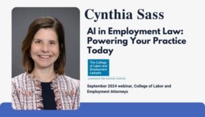 Cynthia Sass image of her announcement for speaking at the AI in Employment Law for the CLEL