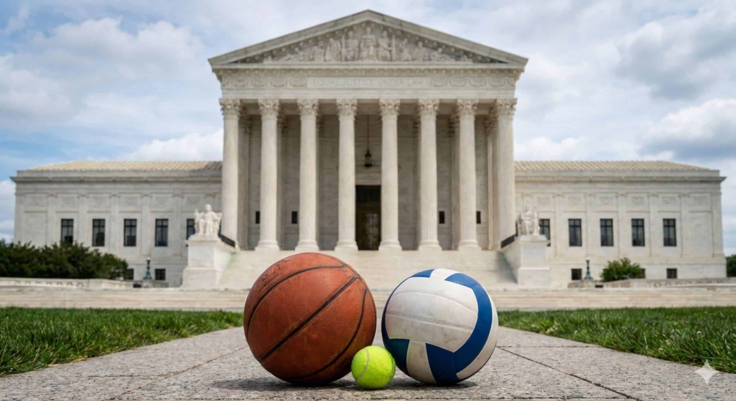 Supreme Court Building with Women's Sports balls in front of it